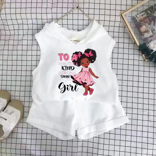 【18M-8Y】2-piece Girls Cute Beautiful Girl Print Hooded Vest And Shorts Set - Popopieshop.com 