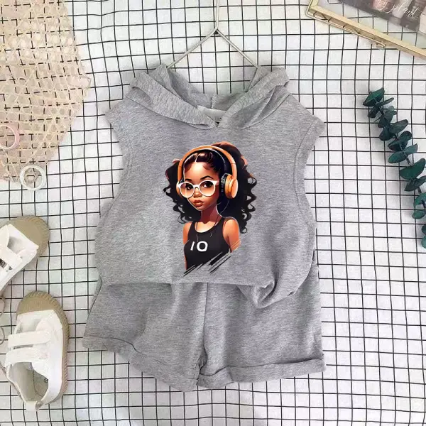 【18M-8Y】2-piece Girls Cute Cool Girls Print Hooded Vest And Shorts Set - Popopieshop.com 