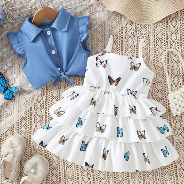 【6M-3Y】2-piece Girl Sweet Butterfly Print Ruffle Puff Suspender Dress And Ruffle Lapel Top Set - Popopieshop.com 