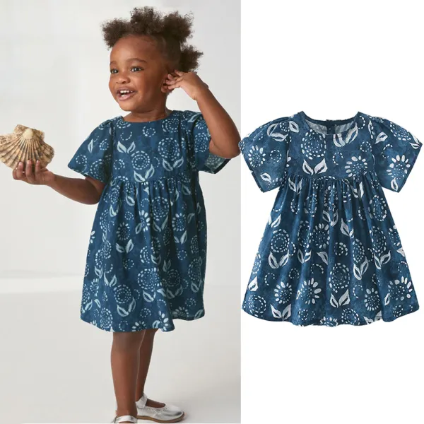 【2Y-10Y】Girls Sweet Flower Print Short Sleeve Dress - Popopieshop.com 