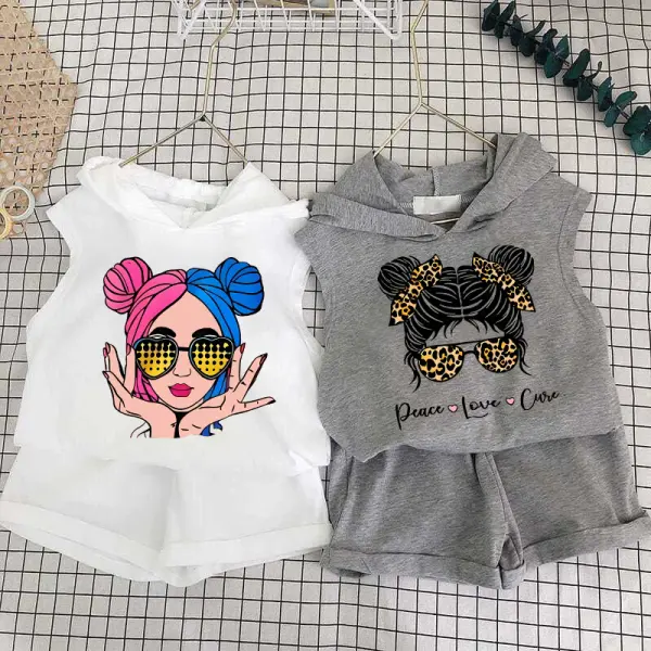 【18M-8Y】2-piece Girls Cute Cool Girls Print Hooded Vest And Shorts Set - Popopieshop.com 