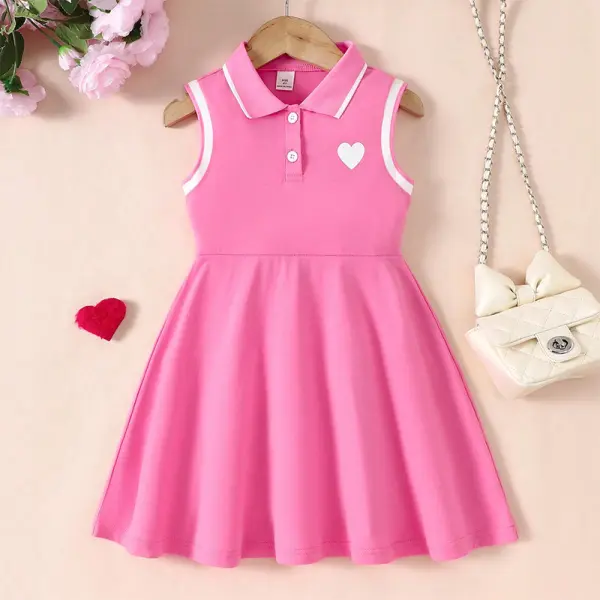 【2Y-7Y】Girls Casual Pink Cotton Heart Print Sleeveless Lapel Dress Only $18.99 - Popopieshop.com 
