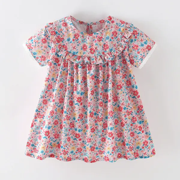 【2Y-10Y】Girls Sweet Floral Print Ruffle Short Sleeve Dress - Popopieshop.com 