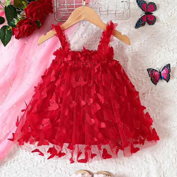 【6M-3Y】Girl Cute Red Butterfly Mesh Suspender Princess Dress - Popopieshop.com 