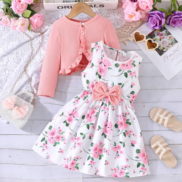 【2Y-8Y】2-piece Girls Elegant Floral Print Bowknot Sleeveless Dress And Ruffled Long Sleeve Top Jacket Set - Popopieshop.com 