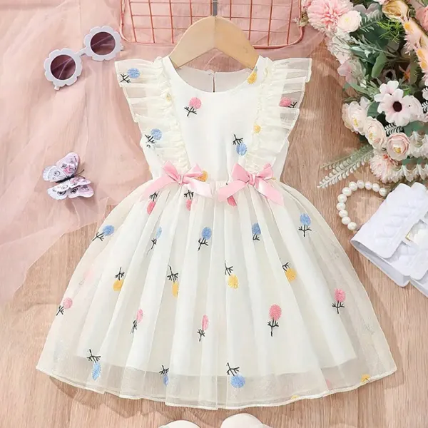 【2Y-7Y】Girls Sweet Floral Embroidery Chiffon Ruffle Sleeveless Princess Dress - Popopieshop.com 