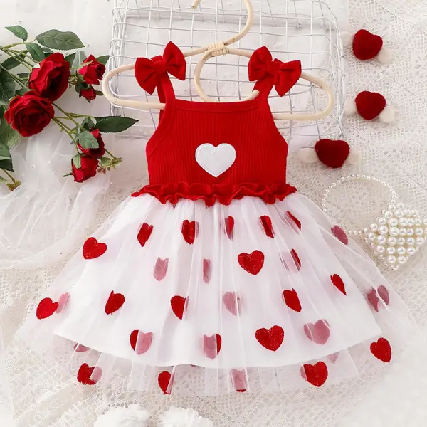 【6M-3Y】Girls Cute Heart Print Puffy Mesh Suspender Dress - Popopieshop.com 