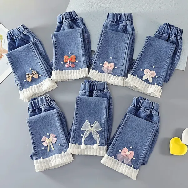 【2Y-11Y】Girls Sweet Fashion Bow And Ruffle Design Blue Jeans - Popopieshop.com 