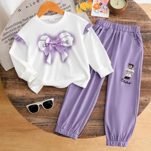 【18M-6Y】2-piece Girls Casual Bow Design White Sweatshirt And Purple Sweatpants Set - Popopieshop.com 