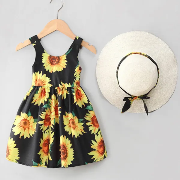 【12M-5Y】2-piece Girls Cute Sunflower Floral Print Halter Dress With Hat - Popopieshop.com 
