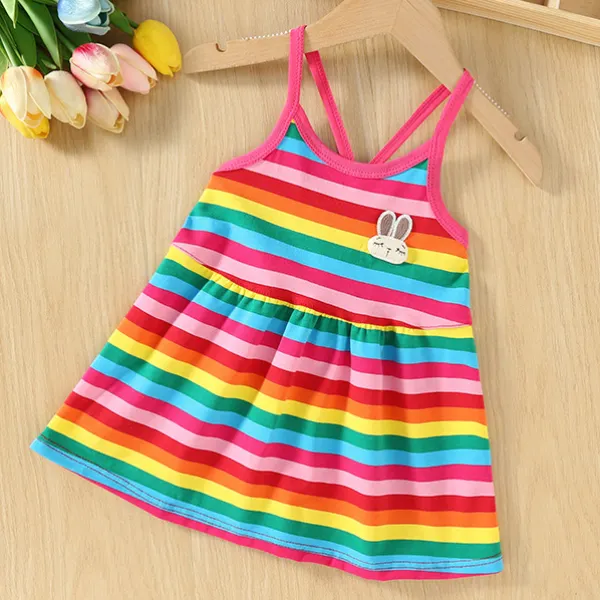 【6M-3Y】Girls Cute Bunny Embroidered Rainbow Color Striped Sling Dress - Popopieshop.com 