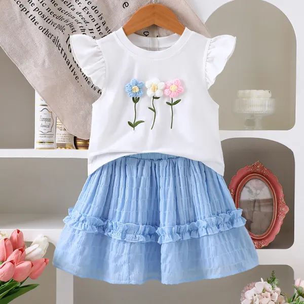 【2Y-7Y】2-piece Girls Cute Floral Embroidery White T-shirt And Blue Skirt Set - Popopieshop.com 