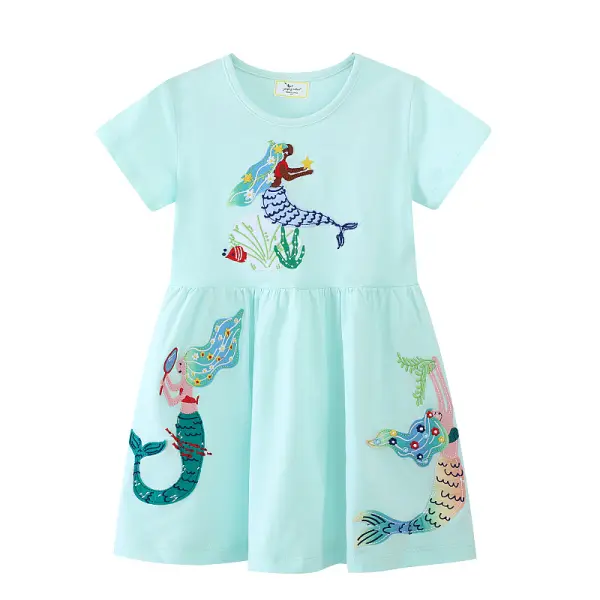 【1Y-7Y】Girls Casual Mermaid Embroidered Light Blue Short Sleeve Dress - Popopieshop.com 