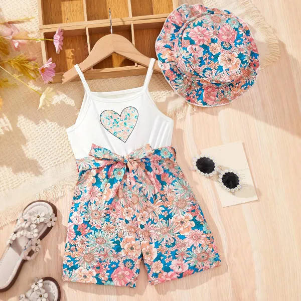 【3Y-8Y】2-piece Girls Cute Heart Shape And Floral Print Fake Two Piece Jumpsuit And Hat Set - Popopieshop.com 
