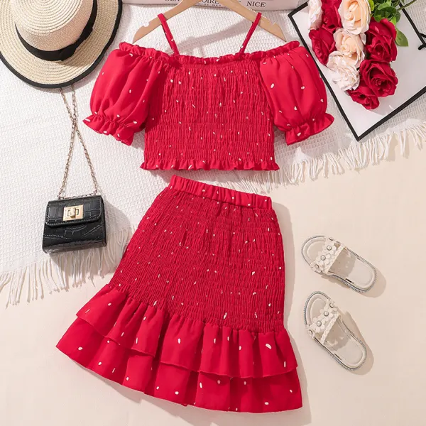【7Y-12Y】2-piece Girls Sweet Red Off The Shoulder Short Top And Ruffle Skirt Set - Popopieshop.com 