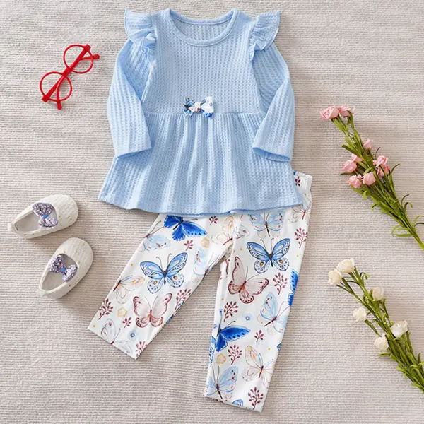 【12M-5Y】2-piece Girls Bow Long Sleeve T-shirt And Floral Butterfly Print Pants Set - Popopieshop.com 