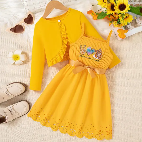 【2Y-8Y】2-piece Girls Yellow Cartoon Print Sling Dress And Long Sleeve Cardigan Set - Popopieshop.com 