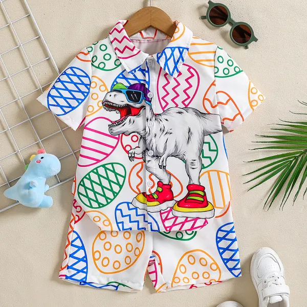 【3Y-7Y】2-piece Boys Casual Easter Dinosaur And Egg Print Shirt And Shorts Set - Popopieshop.com 