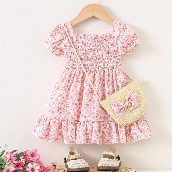 【12M-4Y】2-piece Girls Cute Pink Floral Printed Bubble Sleeve Dress With Bowknot Bag - Popopie.com 
