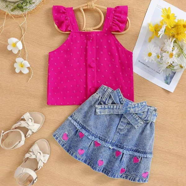 【2Y-7Y】2-piece Girls Stylish Polka Dot Jacquard Rose Top And Heart Shaped Embroidered Denim Skirt Set - Popopieshop.com 