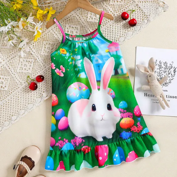 【3Y-7Y】Girls Casual Easter Bunny And Egg Print Sling Dress - Popopieshop.com 