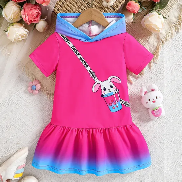 【3Y-7Y】Girls Casual Cute Easter Bunny Print Rose Hooded Dress - Popopieshop.com 
