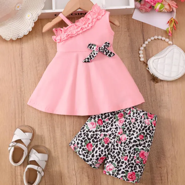 【3M-24M】2-piece Baby Girls Cute One Shoulder Pink Top And Leopard Floral Shorts Set - Popopieshop.com 