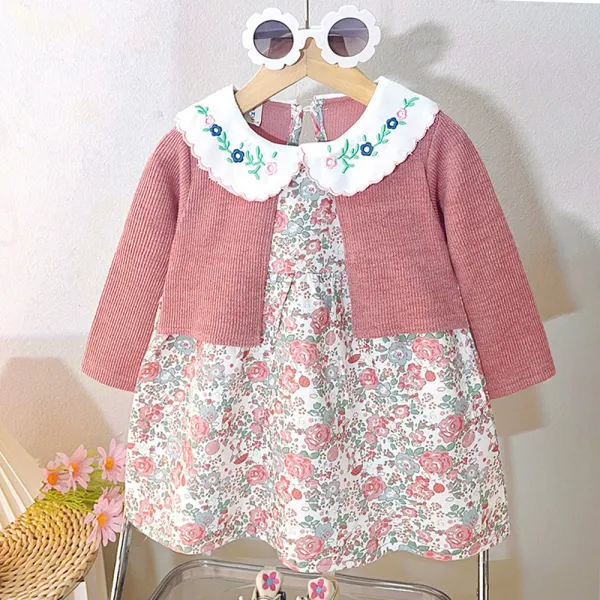 【12M-4Y】Girls Sweet Floral Printed Doll Collar Fake Two-Piece Long Sleeve Dress - Popopieshop.com 