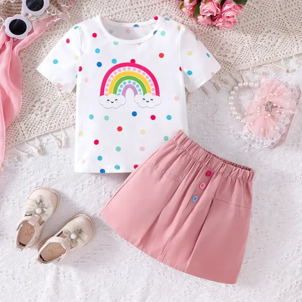 【2Y-7Y】2-piece Girls Sweet Colorful Polka Dot Rainbow Print Short Sleeve T-shirt And Skirt Set - Popopieshop.com 