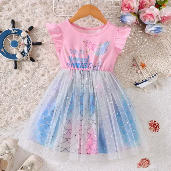【2Y-7Y】Girls Cute Mermaid Printed Splicing Mesh Ruffle Dress - Popopie.com 