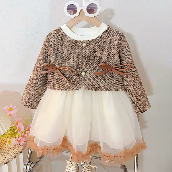 【12M-4Y】Girls Chanel Style Bow Fake Two-piece Spliced ​​Mesh Princess Dress - Popopieshop.com 