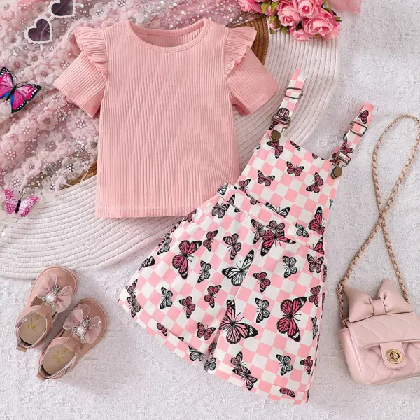 【2Y-7Y】2-piece Girls Sweet Ruffle Short Sleeve T-shirt And Butterfly Plaid Print Strap Pants Set - Popopieshop.com 