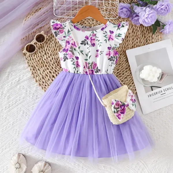 【2Y-7Y】2-piece Girls Sweet Floral Printed Splicing Layered Tulle Ruffled Dress With Crossbody Bag - Popopieshop.com 