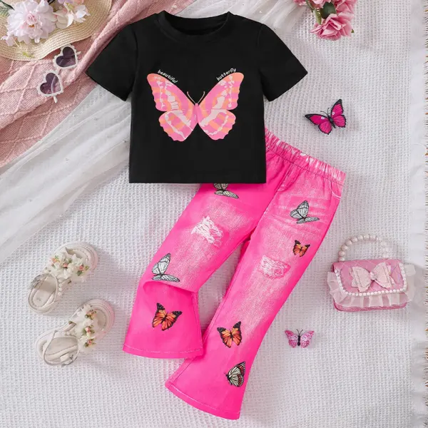 【2Y-7Y】2-piece Girls Fashion Butterfly Print Short Sleeve T-shirt And Faux Denim Print Flared Pants Set - Popopieshop.com 