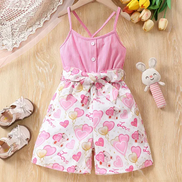 【2Y-7Y】Girls Pink Heart Bear Print Sling Jumpsuit - Popopieshop.com 