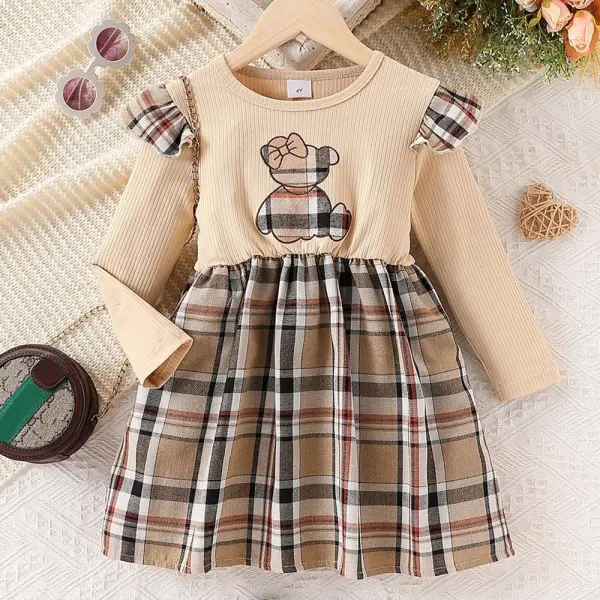 【3Y-7Y】Girls Khaki Plaid Bear Embroidered Long Sleeve Dress - Popopieshop.com 