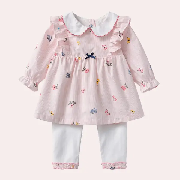 【9M-3Y】2-piece Girl Pink Striped Butterfly Floral Print Long Sleeve Shirt And Pants Set - Popopieshop.com 
