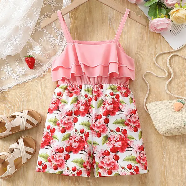 【2Y-7Y】Girls Pink Floral Ruffle Sling Jumpsuit - Popopieshop.com 