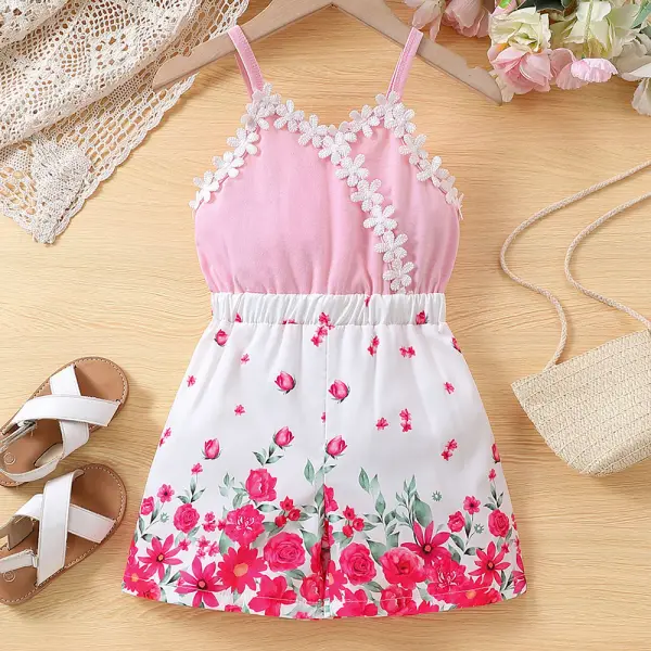 【2Y-7Y】Girls Pink Floral Backless Sling Jumpsuit - Popopieshop.com 