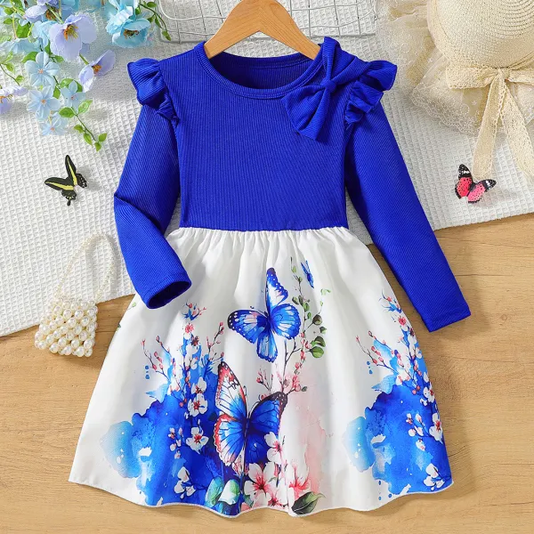 【3Y-7Y】Girls Fashion Bow Butterfly Print Blue Long Sleeve Dress - Popopieshop.com 