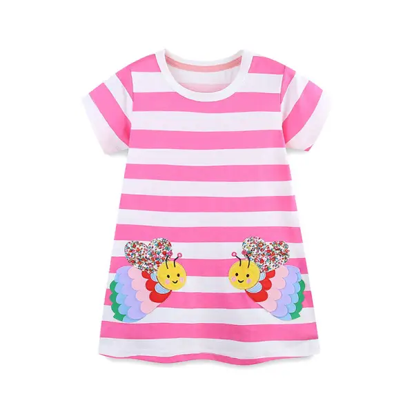 【1Y-7Y】Girls Cute Bee Embroidered Pink Striped Short Sleeve Dress - Popopieshop.com 