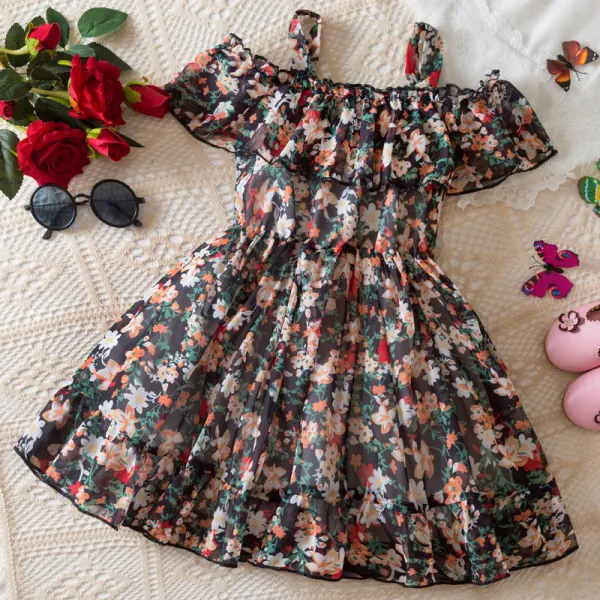 【6M-5Y】Girls Sweet Fashion Floral Printed Ruffle Strapless Chiffon Dress - Popopieshop.com 
