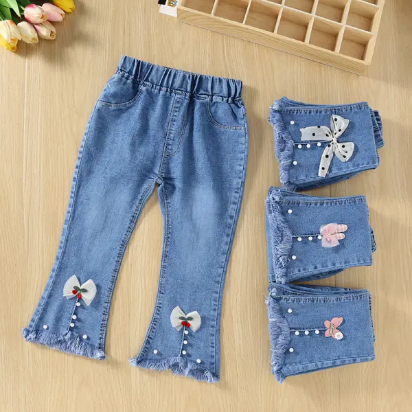 【12M-9Y】Girls Fashionable Pearl And Bow Design Blue Jeans - Popopieshop.com 