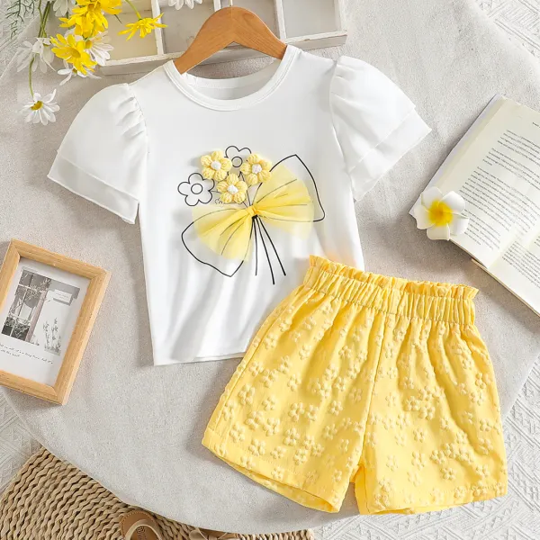 【3Y-7Y】2-piece Girls Sweet And Stylish Dimensional Floral Design White T-shirt And Yellow Shorts Set - Popopieshop.com 