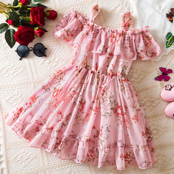 【6M-5Y】Girls Sweet Fashion Pink Floral Printed Ruffle Off Shoulder Chiffon Dress - Popopieshop.com 