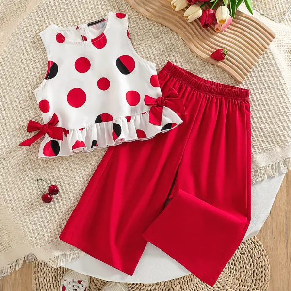 【3Y-7Y】2-piece Girls Stylish Bow Design Polka Dot Print Sleeveless Top And Red Pants Set - Popopieshop.com 