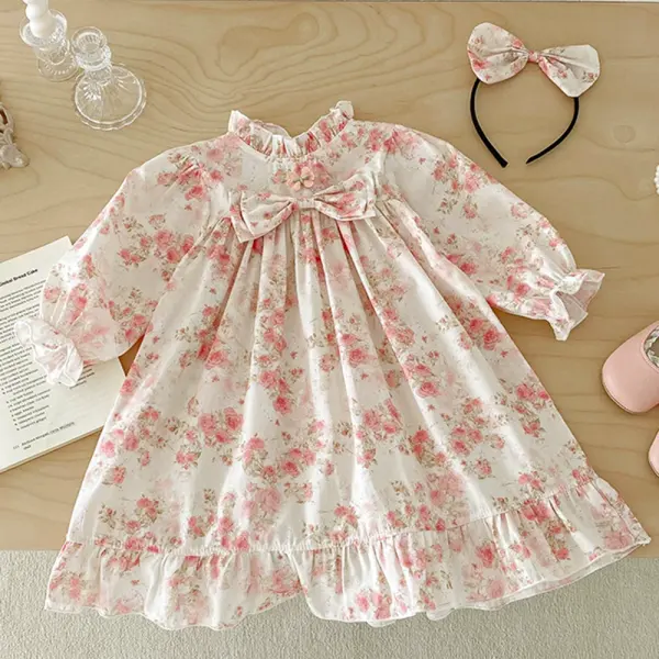 【18M-8Y】2-piece Girls Sweet Pink Floral Butterfly Stand Collar Long Sleeve Dress With Hairband - Popopieshop.com 