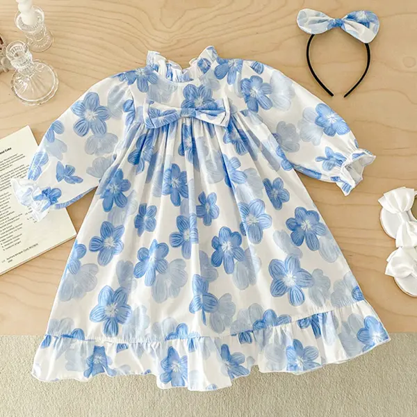 【18M-8Y】2-piece Girls Sweet Light Blue Flower Print Stand Collar Long Sleeve Dress With Hairband - Popopieshop.com 