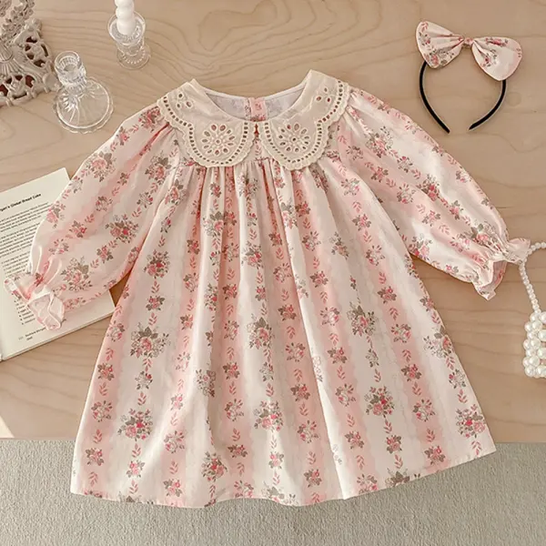 【18M-8Y】2-piece Girls Sweet Pink Floral Printed Doll Collar Long Sleeve Dress With Hairband - Popopieshop.com 