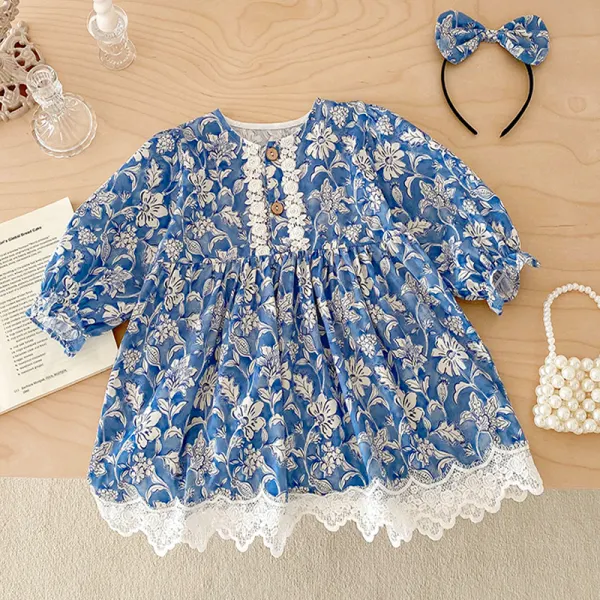 【18M-8Y】2-piece Girls Sweet Blue Floral Print Lace Long Sleeve Dress With Hairband - Popopieshop.com 